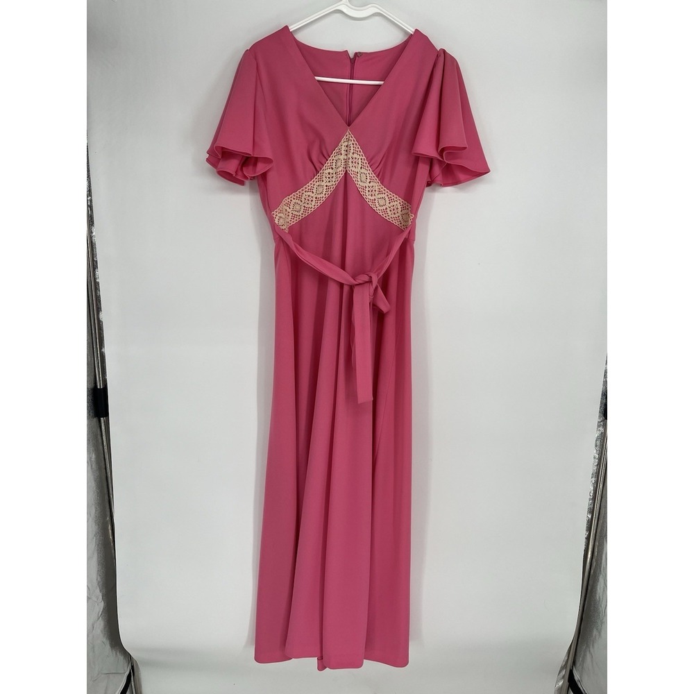 Vintage Fortrel Baby Doll Bubblegum Pink Maxi Dress Sz. 14 Lace Flutter Sleeve